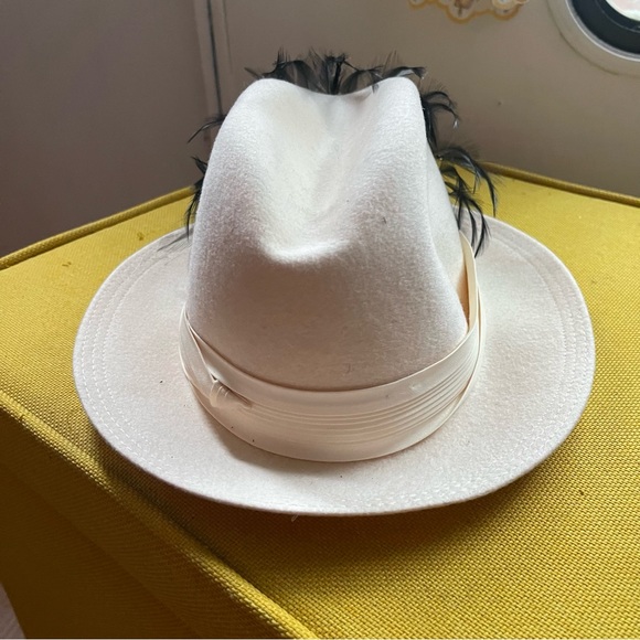 Vintage Ecru Wool Fedora Derby Hat with Black Feathers